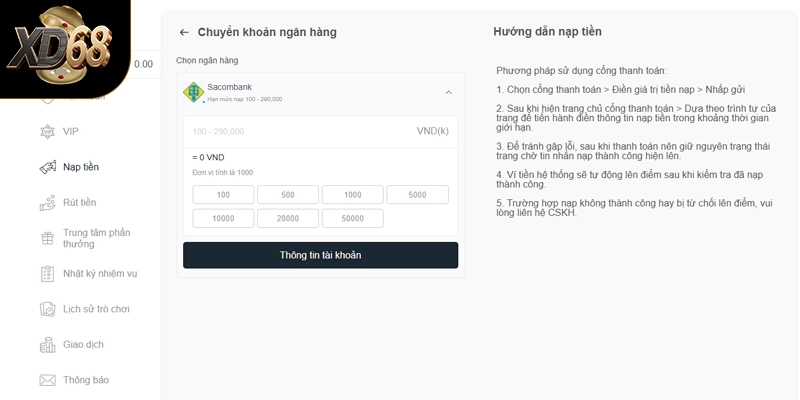 Các hình thức nạp tiền phổ biến tại nhà cái XD68