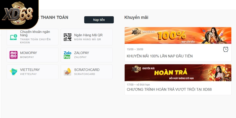 Giới thiệu về giao diện hệ thống nạp tiền tại XD68